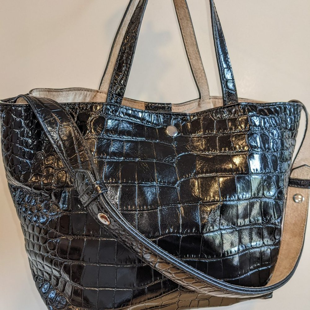 Elizabeth and James Embossed Black Leather Satchel/Tote with Handles and Straps
